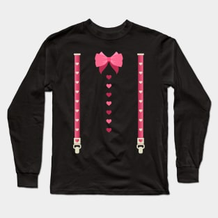 Hearts Bow Tie Suspenders Valentines Day Costume Long Sleeve T-Shirt